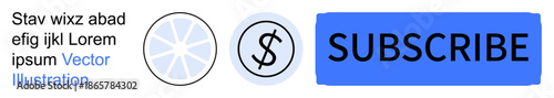 Digital marketing, payment systems, online subscriptions, user interface, web design, e-commerce. Blue subscribe button with currency symbol and placeholder text. Digital marketing and payment