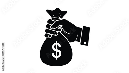A hand holding a bag with a dollar sign black and white icon