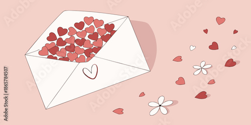 Hand drawn envelope overflowing with hearts illustration