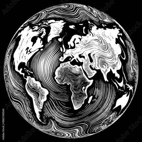 Artistic Representation of Earth in Black and White Swirls artistic representation of earth in