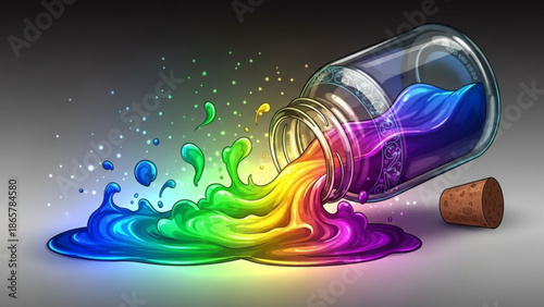 Rainbow colored liquid splashing out of a glass jar on a gray background with cork stopper with rainbow colors and colorful liquid with fun