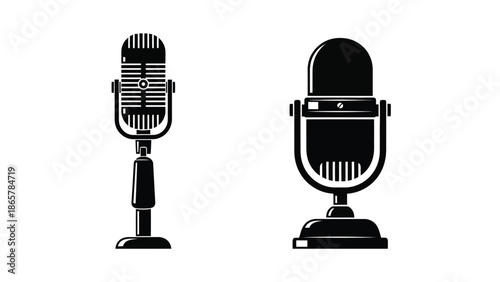 Two vintage style microphones presented in a simple black and white illustration