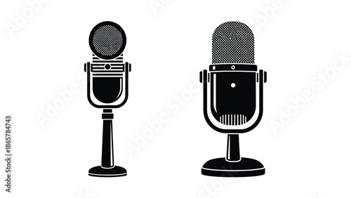 Two vintage style microphones presented in a black and white illustration