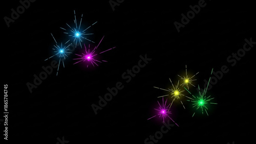 Colorful starburst lights on black background, vibrant festive sparkling stars, celebration decoration elements with glowing with lighting