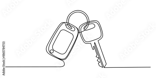 A single line drawing of a car key and remote fob on a keyring against a white background.