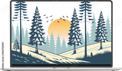 Winter Landscape with Snow-Covered Hills, Pine Trees sunrise and birds. Nature background for Christmas or New Year. Peaceful wintertime scene.