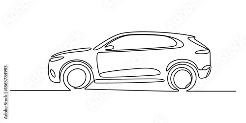 A modern continuous single line drawing of an suv car on a white background