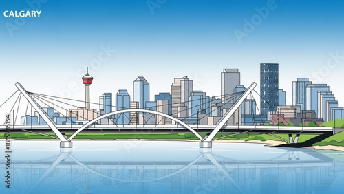 Calgary cityscape with white bridge over river and tall buildings under blue sky with skyscrapers and urban and landscape with architecture