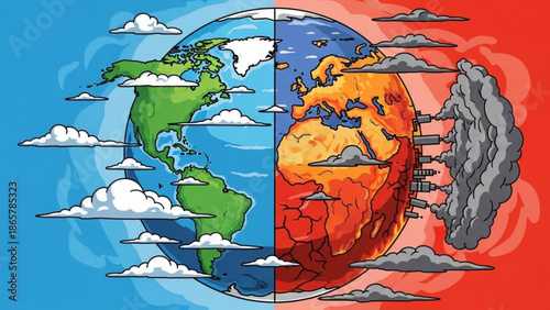 Contrasting halves of earth, one green and blue with white clouds, the other orange and red with pollution and smoke, climate change
