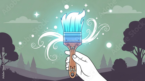 Hand holding paintbrush with magical sparkles and swirling designs in a whimsical landscape, artistic creativity and imagination with dreamy