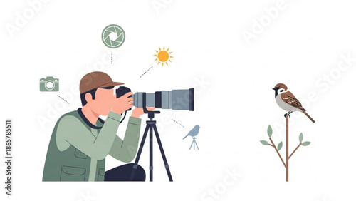 Man taking a picture of a bird with a camera on a tripod sunny day outdoors nature photography with birdwatching and wildlife with hobby