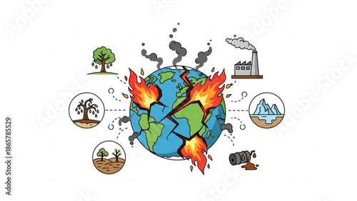 Climate change illustration showing global warming effects on earth with rising temperatures and pollution with sustainability with ecology