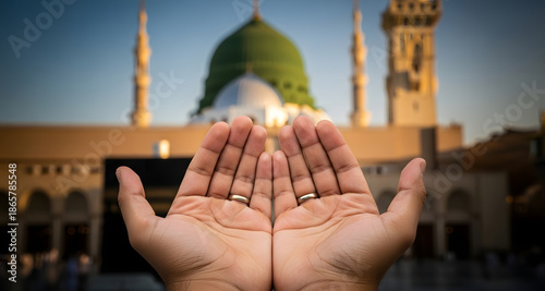 Hands raised in Islamic prayer (Dua) with Al-Masjid an-Nabawi Green Dome background