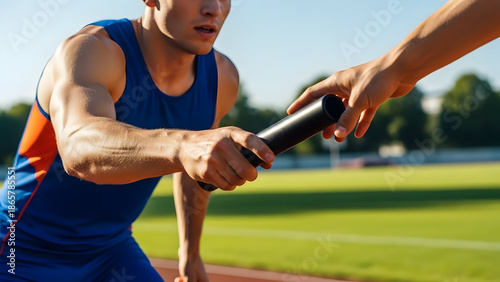 Athlete in blue sportswear participating in outdoor relay race exchanging baton on running track during daytime sports event for fitness and competition