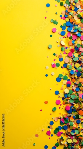 Vibrant colorful party confetti scattered playfully across a bright yellow background