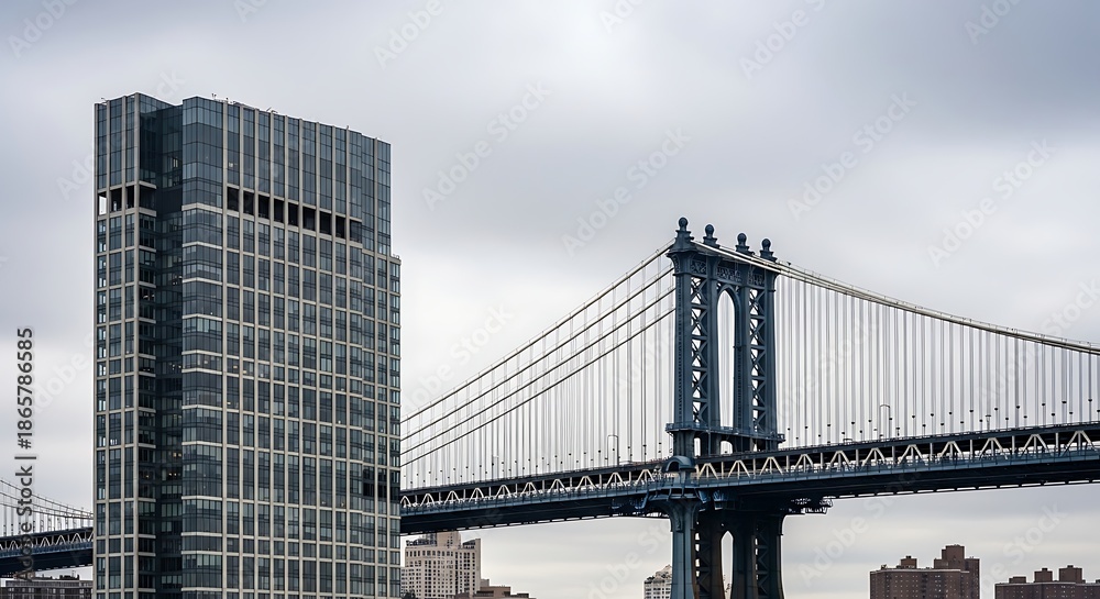 Naklejka premium Manhattan Bridge and a modern skyscraper against a cloudy sky in New York City.