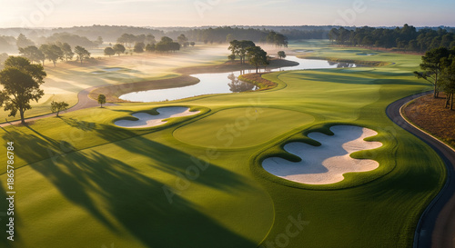 A cinematic 4K aerial shot of a luxury golf course, captured early in the morning
