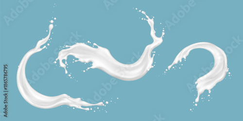 Milk splashes set isolated on blue background. Vector realistic illustration of white yogurt swirl, abstract cream wave, paint splatter with drops and motion, milky liquid pouring, dairy product flow