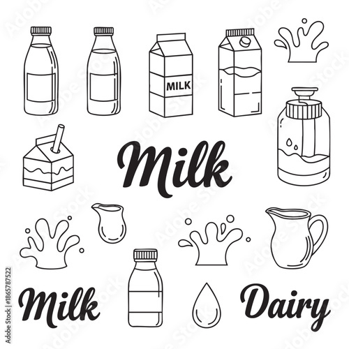 Collection of Milk and Dairy Product Line Drawings for Food and Beverage Illustration
