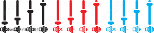 Volume Control Level Indicator sign. Sound settings symbols. Loudness and mixer signs. Media player control icons: play, pause, skip, rewind, and volume slider. Speaker Volume Adjustment Icons. Sound 