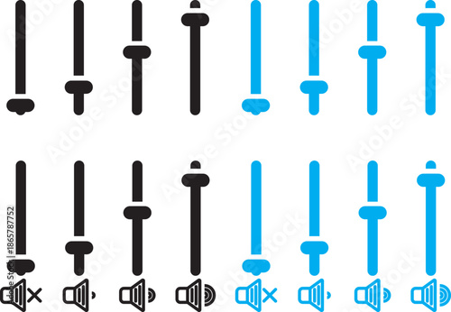 Volume Control Level Indicator sign. Sound settings symbols. Loudness and mixer signs. Media player control icons: play, pause, skip, rewind, and volume slider. Speaker Volume Adjustment Icons. Sound 