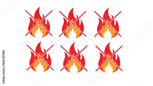 Set of six graphic icons symbolizing no open flames or prohibitions against fire hazards for safety notices and warnings