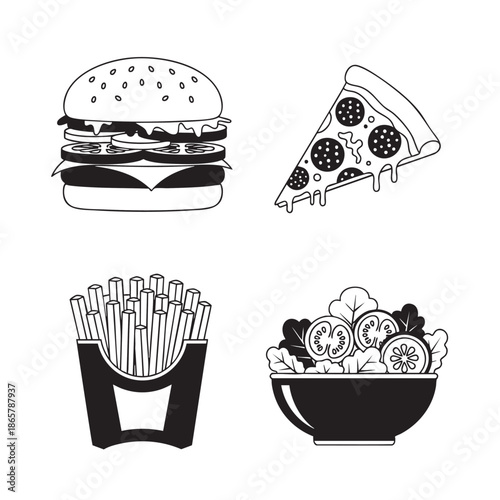 Delicious fast food icons including burger pizza fries and salad for a restaurant menu or food blog