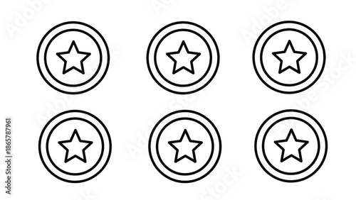 Six black outline icons featuring a simple star centered within a circular border element suitable for rating systems or achievement badges in digital interfaces.