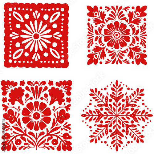 Red and White Folk Art Floral Squares snowflakes