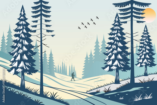 Winter Landscape with Snow-Covered Hills, Pine Trees sunrise and birds. Nature background for Christmas or New Year. Peaceful wintertime scene.