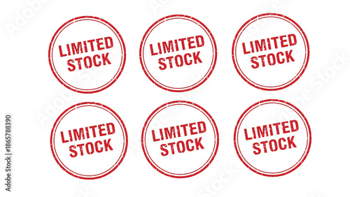 Set of six distressed red rubber stamps clearly indicating limited stock availability for immediate sales promotions and marketing efforts
