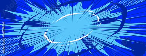 Anime explosion background with radial burst. Comic book style blue backdrop with dynamic speed lines, halftone dots and energetic motion rays for manga action scenes