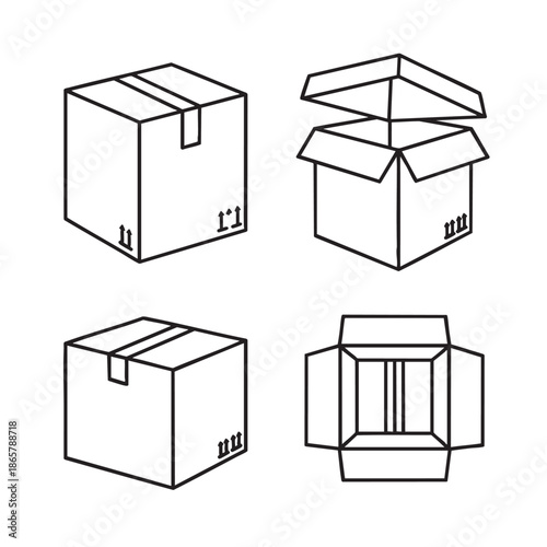 Set of Open and Closed Cardboard Boxes Illustration