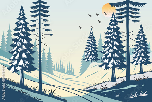 Winter Landscape with Snow-Covered Hills, Pine Trees sunrise and birds. Nature background for Christmas or New Year. Peaceful wintertime scene.