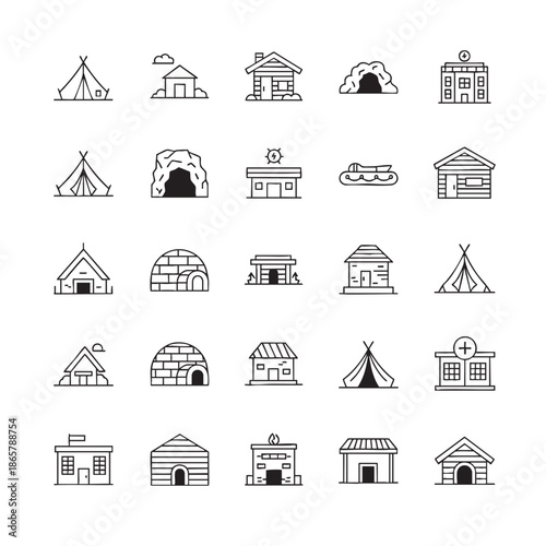 Set of various tent and cabin icons for camping and outdoor activities