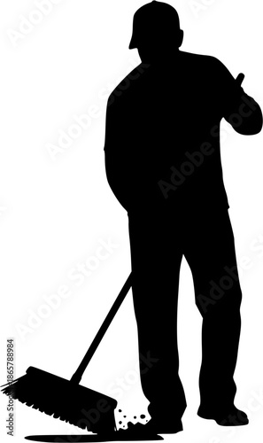 Silhouette of Street Cleaner Sweeping Ground with Broom Isolated on White Background
