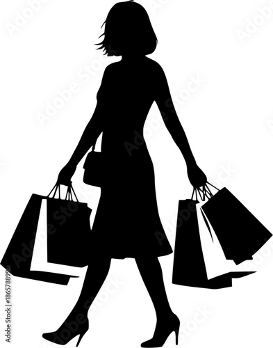 Silhouette of Woman Carrying Shopping Bags While Walking Isolated on White Background
