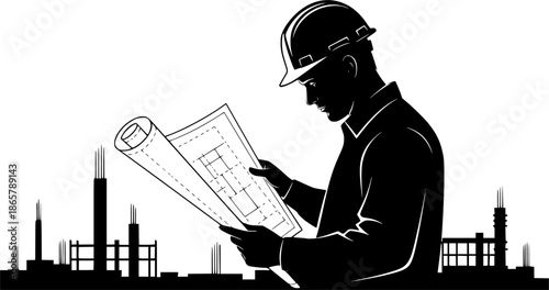 Man Reading Document Silhouette or enginer reading a chart at a construction area
