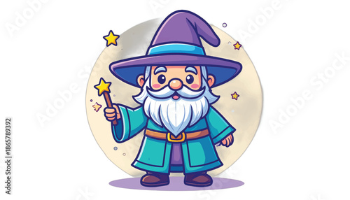 Cartoon Wizard with Magic Wand and Pointed Hat Illustration.