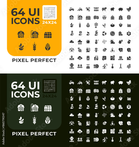 Farming glyph ui icons set for day and night mode. Environment preservation, livestock animals. Farming equipment. Black solid symbols vector iconset. User interface elements collection, pixel perfect