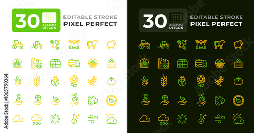 Harvest colorful line ui icons set for light and dark mode. Crops production. Natural food production, environmental care. Farming technologies colorful line ui icons set for light and dark mode
