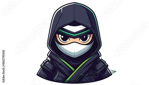 Cartoon Ninja Character with Mask and Hood in Action Pose.