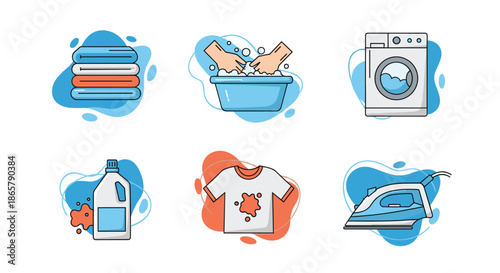 Set of six colorful icons for laundry service and clothes cleaning, featuring a washing machine, iron, and detergent bottle.