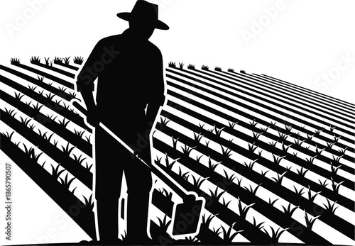 Farmer standing in a vast field with rows of plants and shovel in hand  agricultural landscape .