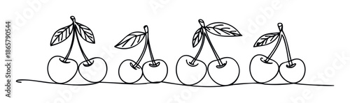 Continuous line drawing of four sweet cherry fruit pairs with leaves connected by a single flowing line for cooking blogs and healthy eating promotions
