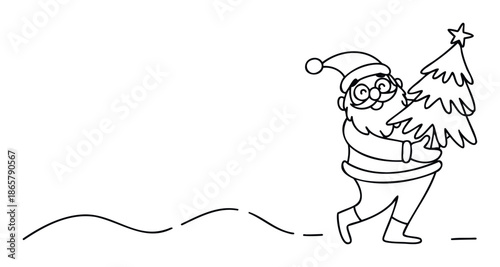 Continuous line drawing of Santa Claus wearing spectacles and a hat, carrying a festive Christmas tree adorned with a star, suitable for holiday greetings or winter season marketing