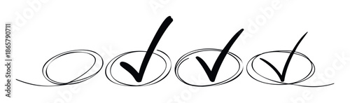 Handdrawn checkmarks inside circles representing completed tasks or selected options, perfect for user interfaces, educational resources, and project management presentations