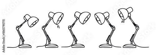 A series of modern desk lamps presented in a clean outline style, perfect for illustrating concepts of work, study, and contemporary interior lighting needs.