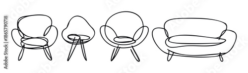 Minimalist line drawing of modern furniture featuring a stylish collection of various armchairs and a comfortable sofa perfect for interior decor inspiration, graphic presentations, and