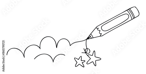 A delightful hand drawn crayon creating abstract squiggly lines and star shapes, ideal for elementary school activities, playful presentations, or childhood themed publications.